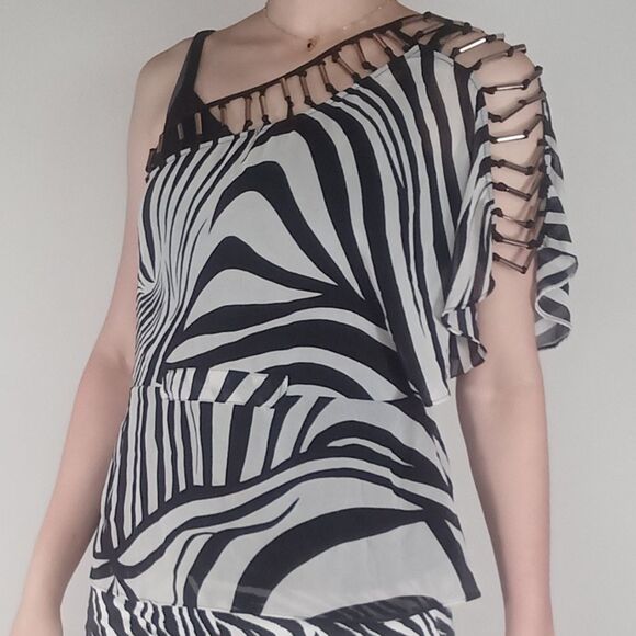 Y2k Vintage Repaired Zebra Print One Shoulder Top - Picture 1 of 13